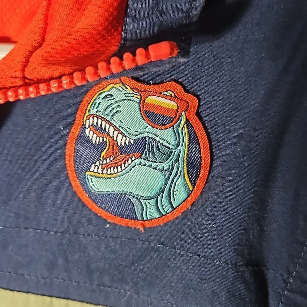 365 Kids Pullover Jacket Tan Navy Orange Dinosaur Size 6 Quarter 1/4 Zip